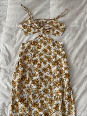 Women's White Floral Cutout Summer Dress in Mustard
